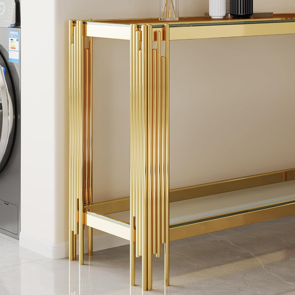 55' Glass Gold Console Table Luxury 2-Tier Sofa Table for Living Room, Rectangular Modern Entryway Hall Table with Clear Glass Top & Golden Stainless Steel Legs