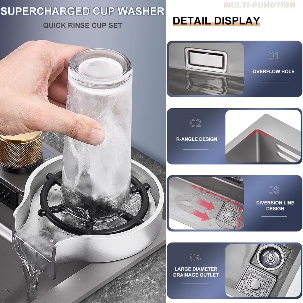 Stainless Steel Waterfall Sink Multi-functional Single Bowl Bar Sink with Pull-Out Faucet Kitchen Sink with Cup Washer Nano-Coated Workstation Sink (Color : A, Size : 75x45x22cm) (A 68x45x22cm)