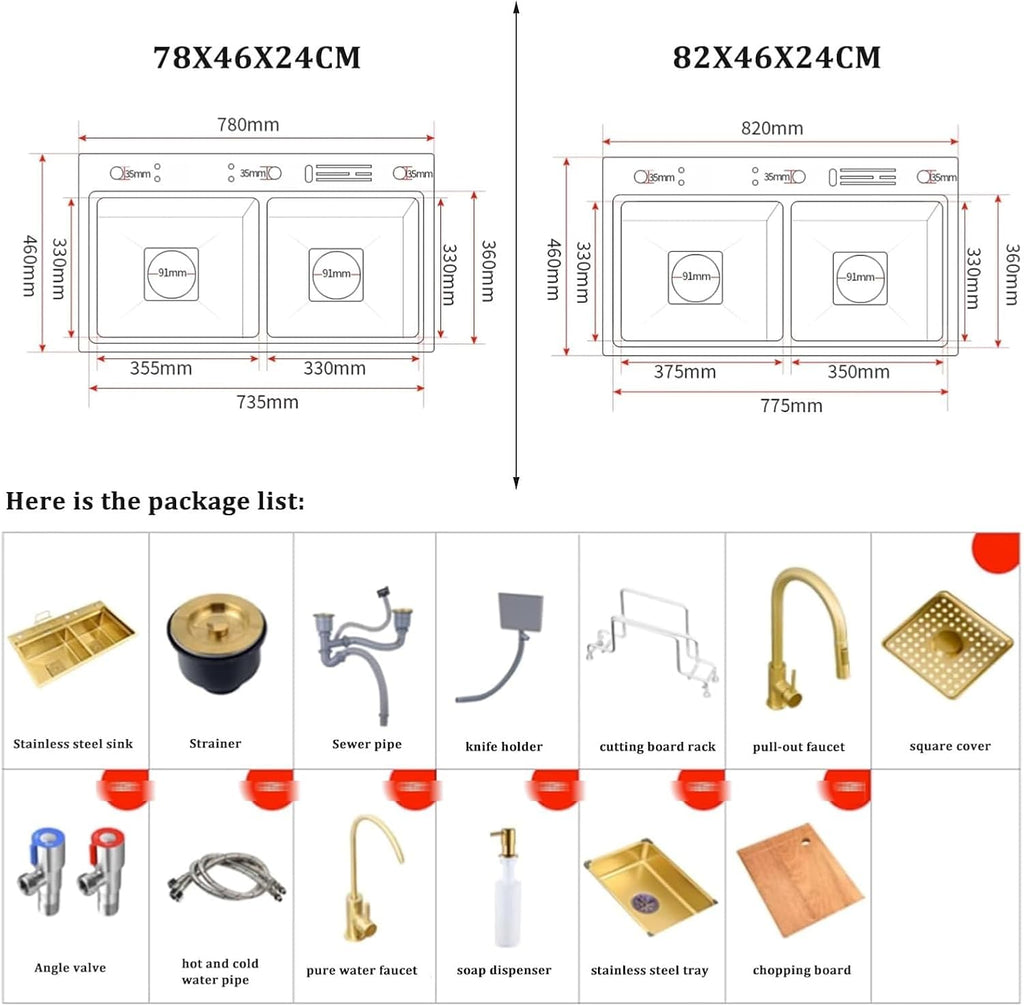 Golden Stainless Steel Sink Kitchen Double Bowl Sink Large Capacity Sink Golden Faucet Including Soap Dispenser and Other Accessories (