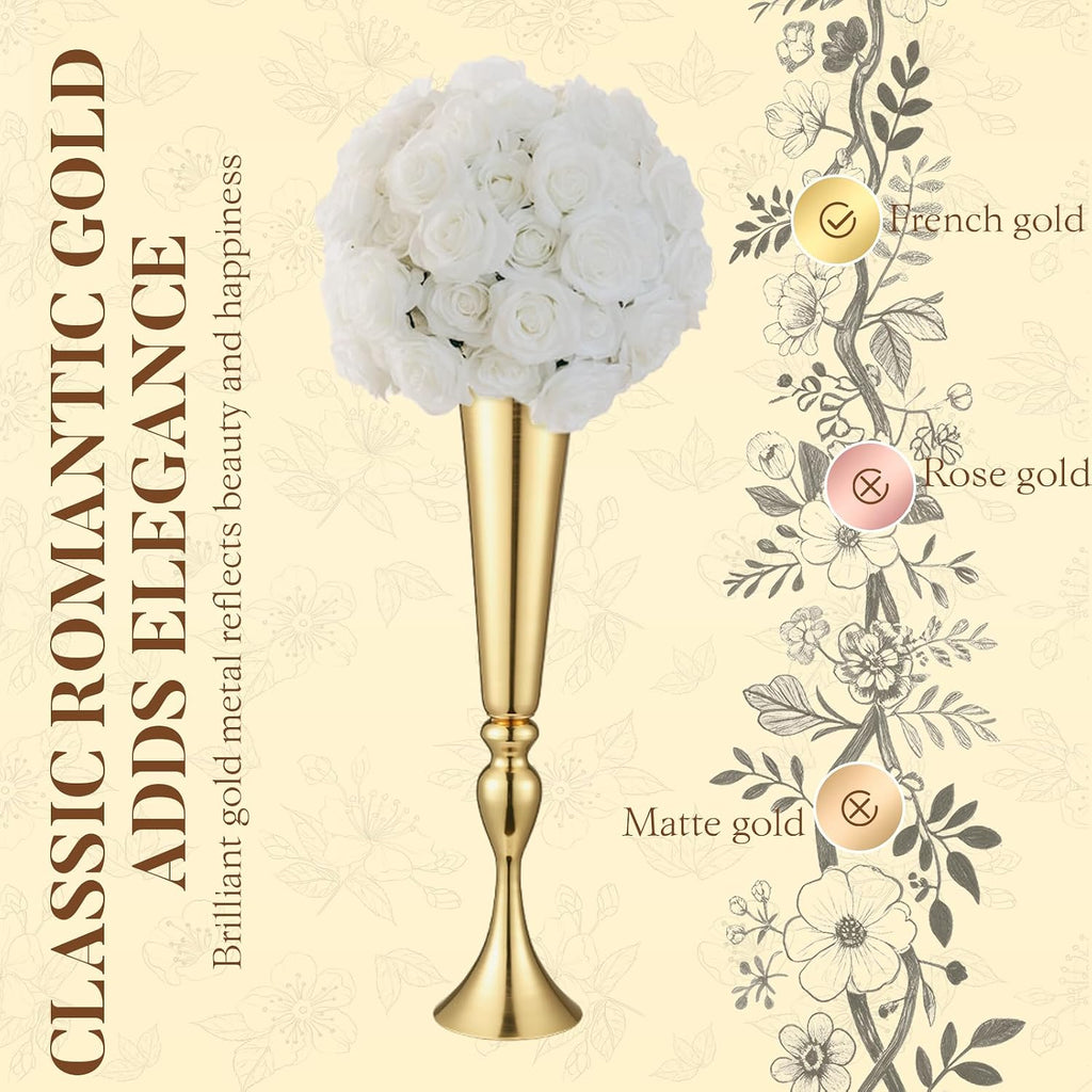 12 Pcs Tall Gold Trumpet Vases for Centerpieces & Wedding Tables - 21.65' Tall Gold Flower Vase Set with Weighted Base, Metal Trumpet Centerpieces for Tables (Bases para Centros de Mesa)