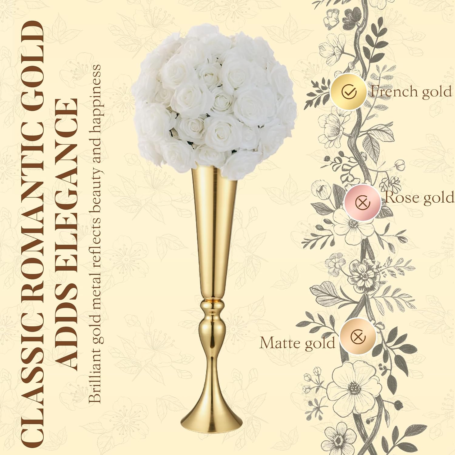 12 Pcs Tall Gold Trumpet Vases for Centerpieces & Wedding Tables - 21.65' Tall Gold Flower Vase Set with Weighted Base, Metal Trumpet Centerpieces for Tables (Bases para Centros de Mesa)