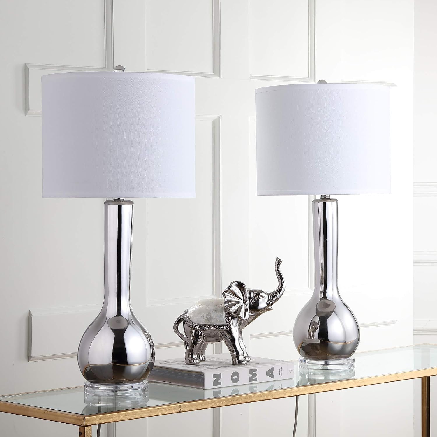 SAFAVIEH Lighting Collection Mae Long Neck Modern Contemporary Silver Ceramic 31-inch Bedroom Living Room Home Office Desk Nightstand Table Lamp Set of 2 (LED Bulbs Included)