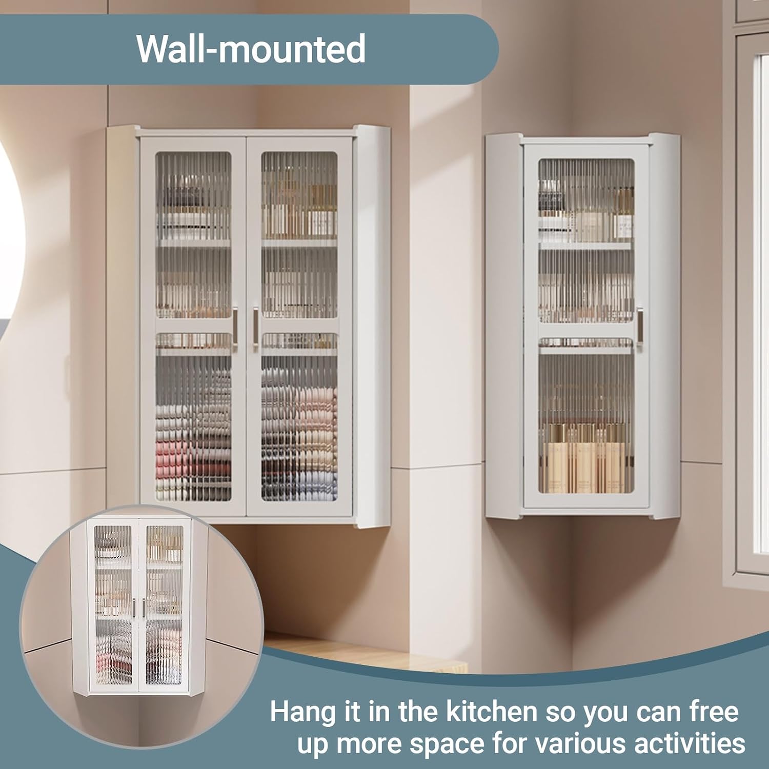 3-Tier Wall Mounted Corner Glass Door Storage Cabinet Bathroom and Kitchen with Door Cabinet Storage Narrow for Bedroom, Living Room, Bathroom, Kitchen(White,25*25*70cm/9.8*9.8*27.6in)