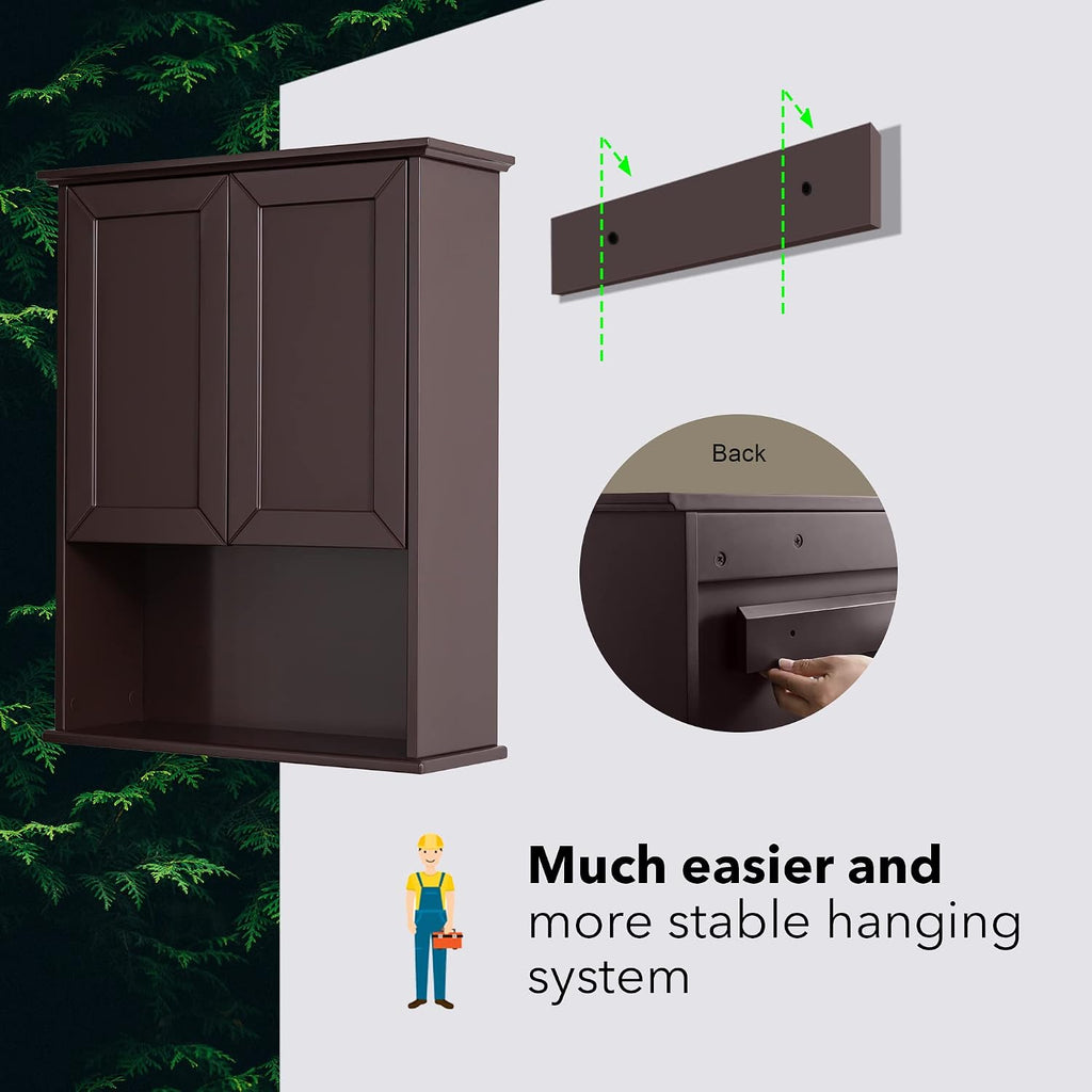 Dark Brown Bathroom Wall Cabinet Mounted Wooden Medicine Cabinets Espresso Over Toilet Storage Cabinet, 23x29 Inch Hanging Bathroom Wall Cabinet with 2 Doors & Adjustable Shelf, Soft Hinge