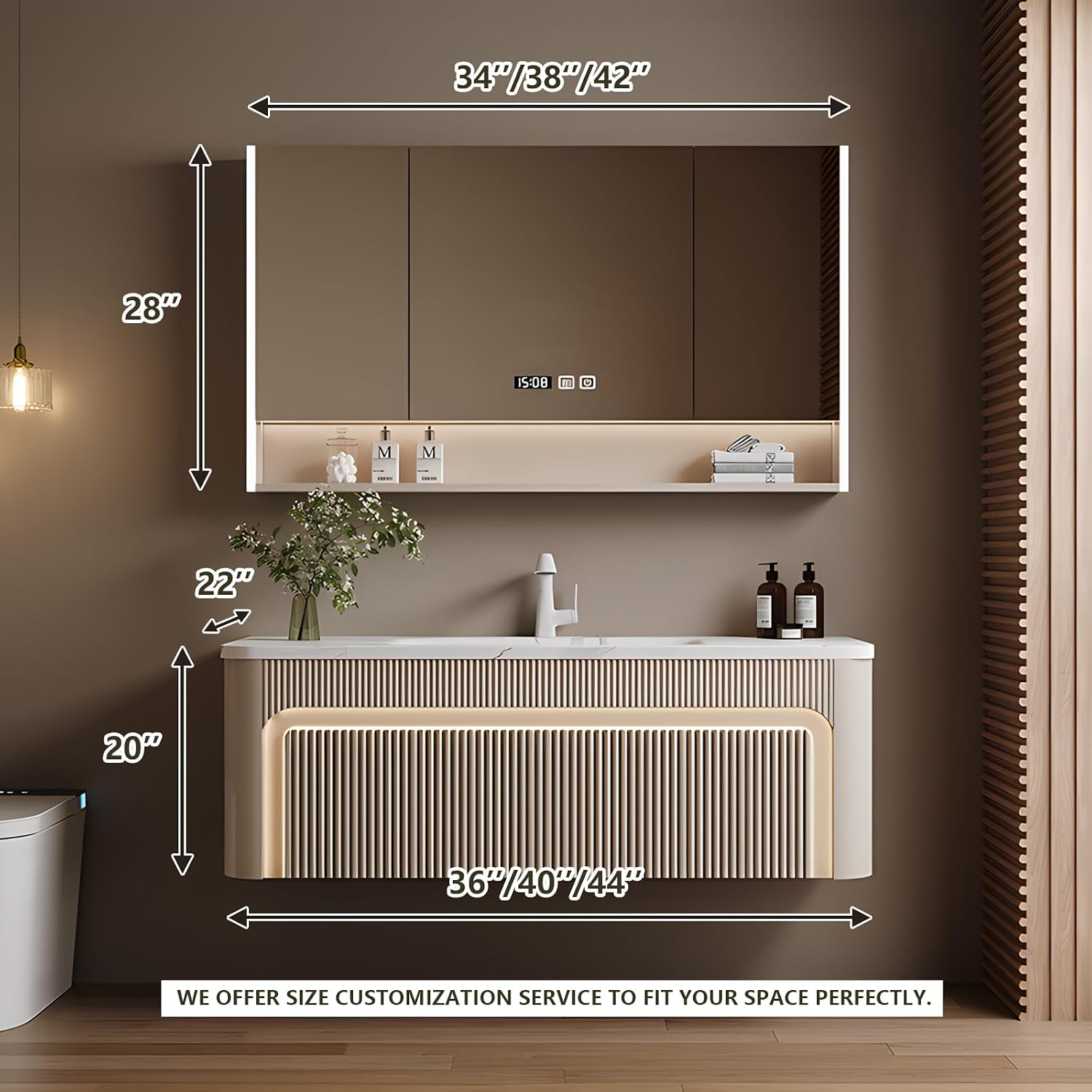 40 inch Bathroom Vanity, Elegant Floating Bathroom Vanity with Sink Smart Defog Mirror Cabinet and LED Strip Light, Solid Wood Modern Bathroom vanities with Large Storage Space,Milk Coffee Color