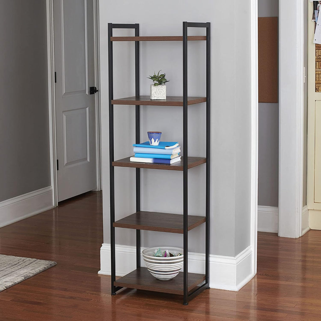 Household Essentials Narrow 5‑Shelf Open Storage Bookshelf, Mid‑Century Walnut Wood Grain with Black Metal Frame