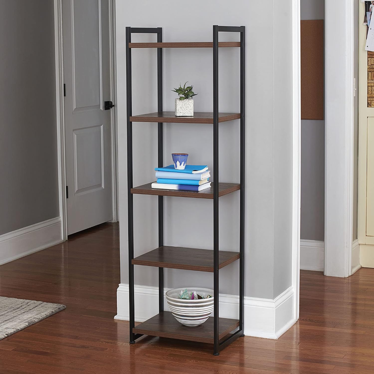Household Essentials Narrow 5‑Shelf Open Storage Bookshelf, Mid‑Century Walnut Wood Grain with Black Metal Frame