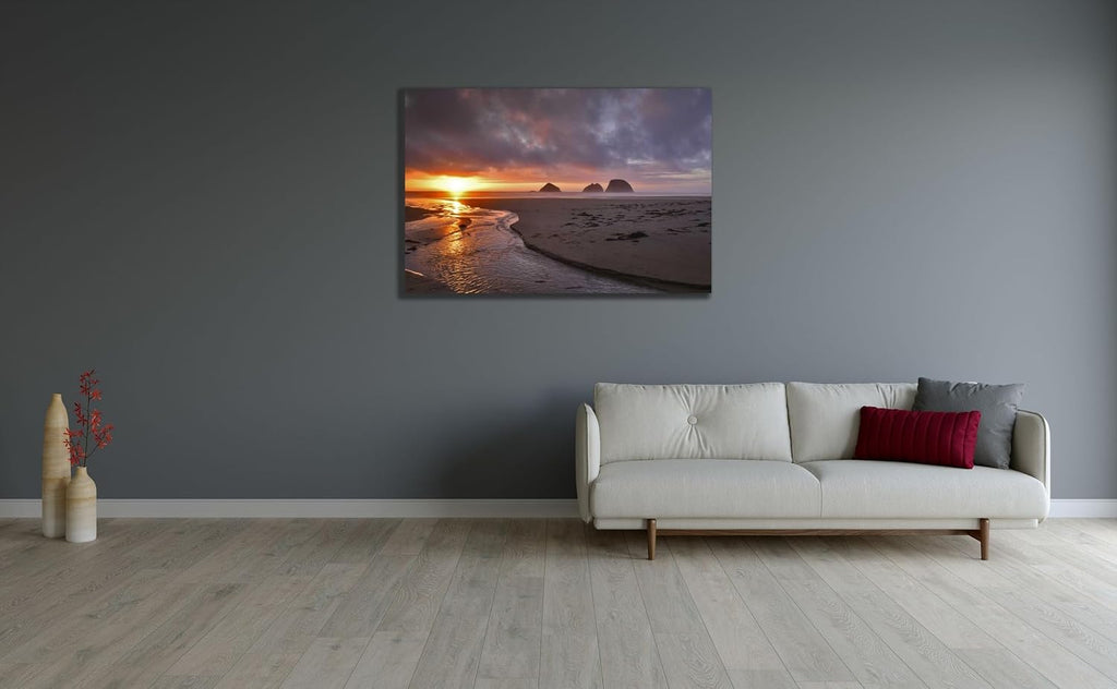 ArtDirect Oregon, Oceanside Sunset on Three Arch Rocks 48x32 Huge Black Ornate Wood Framed Canvas Giclee Art by Terrill, Steve