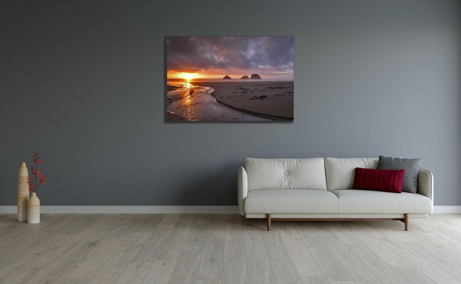 ArtDirect Oregon, Oceanside Sunset on Three Arch Rocks 48x32 Huge Black Ornate Wood Framed Canvas Giclee Art by Terrill, Steve
