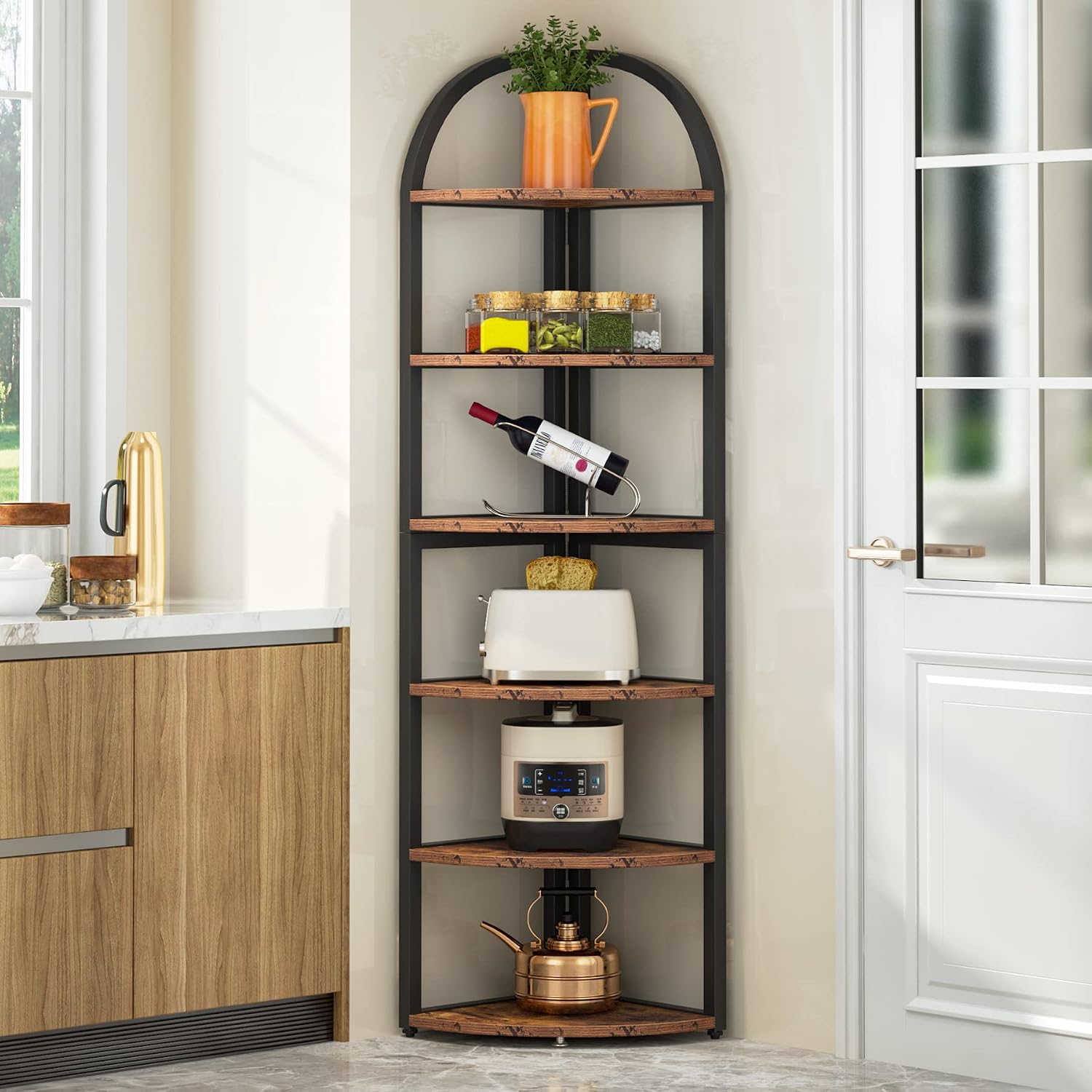 LITTLE TREE 6-Tier Corner Shelf Stand, Freestanding Corner Bookshelf with Adjustable Feet, Rustic Brown Storage Rack for Living Room, Kitchen, Bedroom, Office