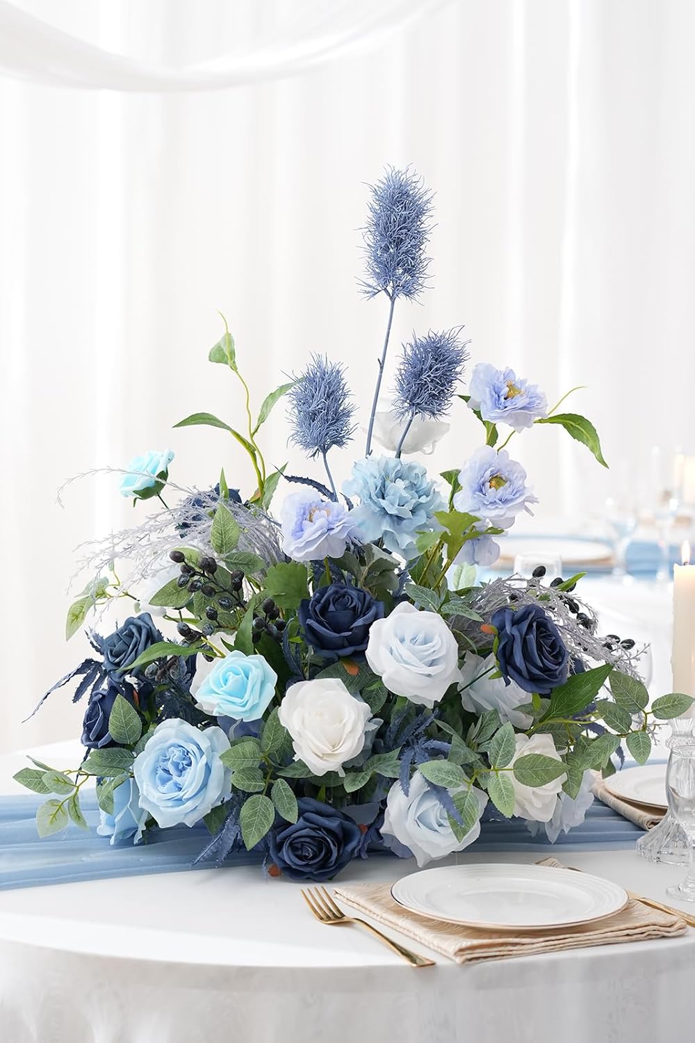 2pcs Free Standing Flowers Ball Bouquet Artificial Rose Floral Arrangements for Wedding Centerpieces Tables Aisle (Blue)