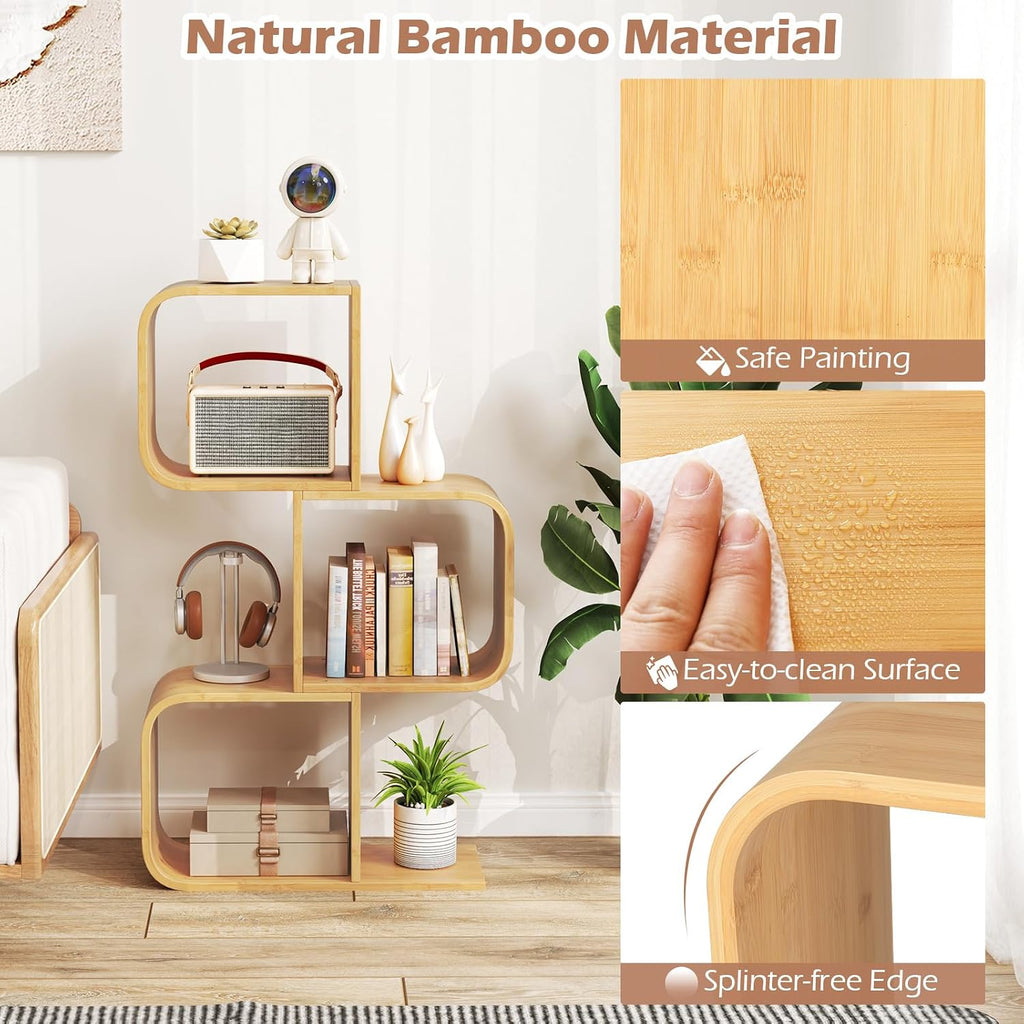 Giantex 3-Tier Bamboo Bookshelf Set of 2, S-Shaped Bookcase with 3 Open Cubes, Geometric Corner Display Shelf, Decorative Storage Organizer, Floor Storage Rack for Living Room, Home Office, Natural