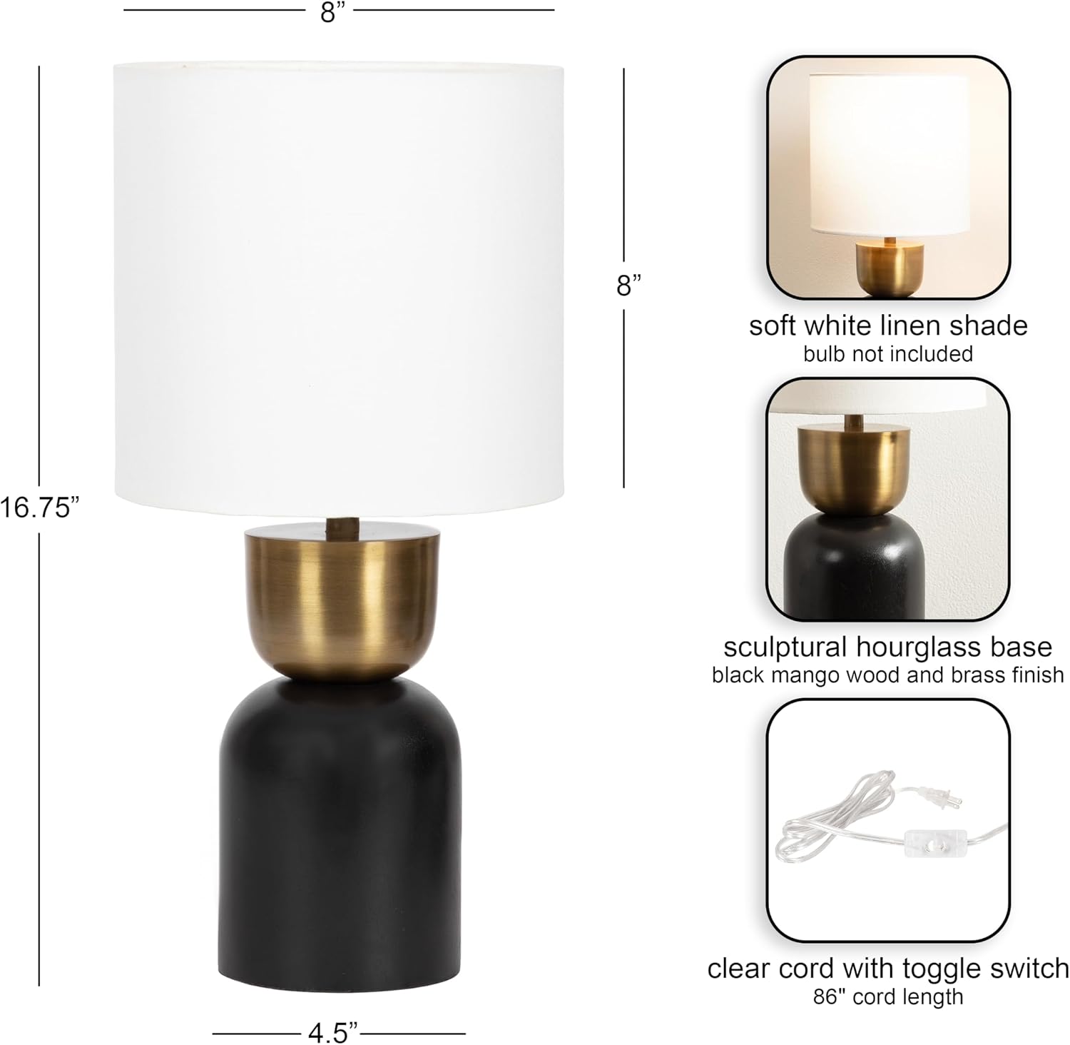 Kate and Laurel Marley Modern Mango Wood and Metal Bedside Table Lamp, 8 x 8 x 17, Antique Brass and Black, Decorative Sculpted Hourglass Tabletop Desk Lamp with Linen Shade for Living Room Decor