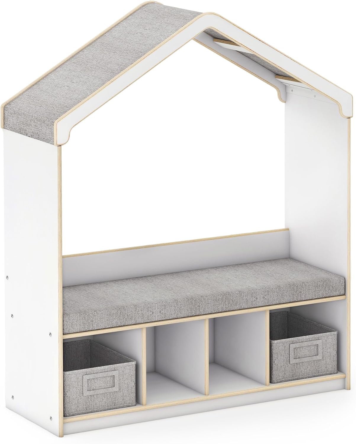 Guidecraft EdQ Kids' Reading Nook - White: Wooden Reading Bench Bookshelf Organizer with Storage Cubbies and Bins for Books | Classroom and Playroom Furniture