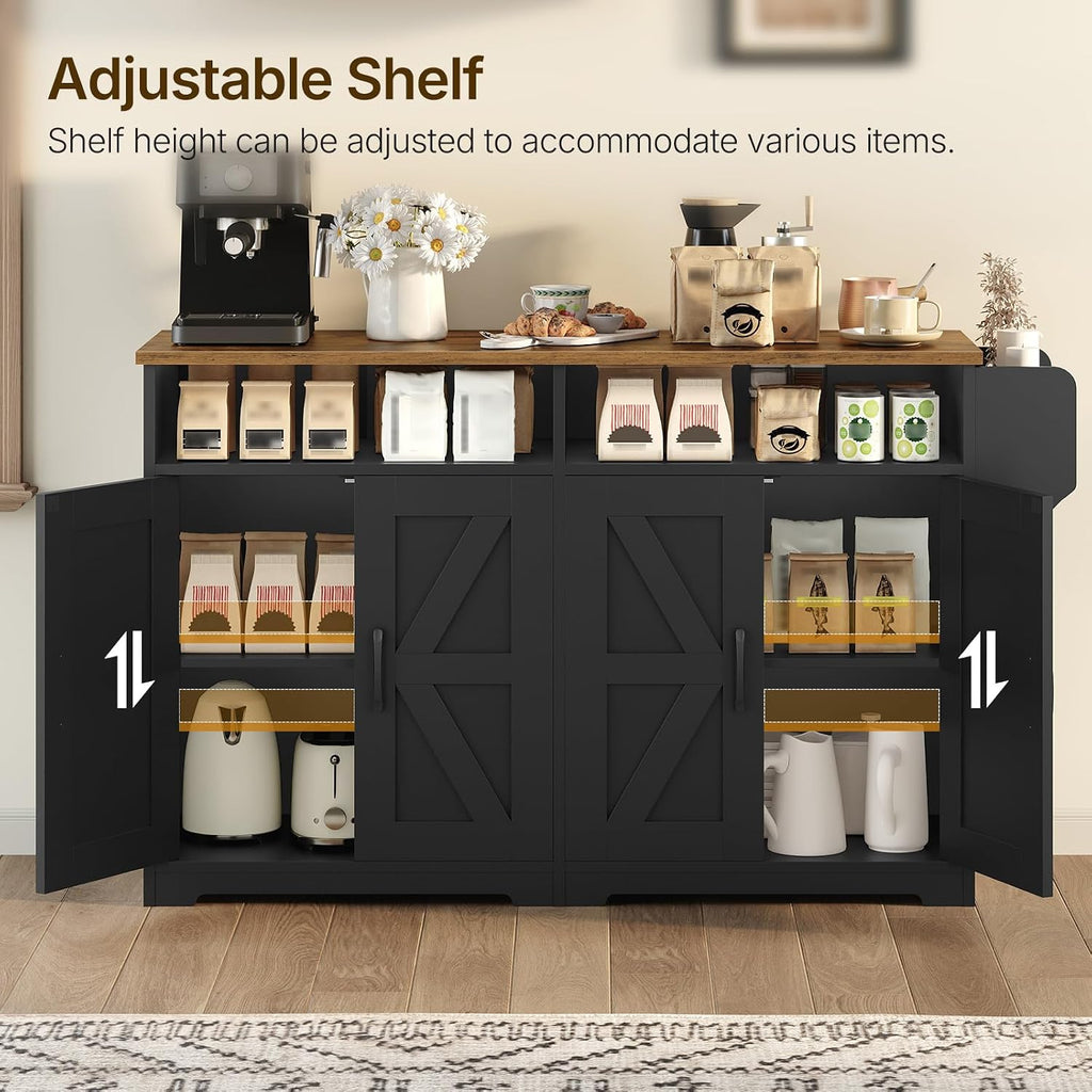 YATINEY Coffee Bar Cabinet, Kitchen Island with Storage, Farmhouse Sideboard Buffet Cabinet with Dual-Purpose Floating Shelf and Hooks, for Restaurant, Living Room, Rustic Brown KF32BR