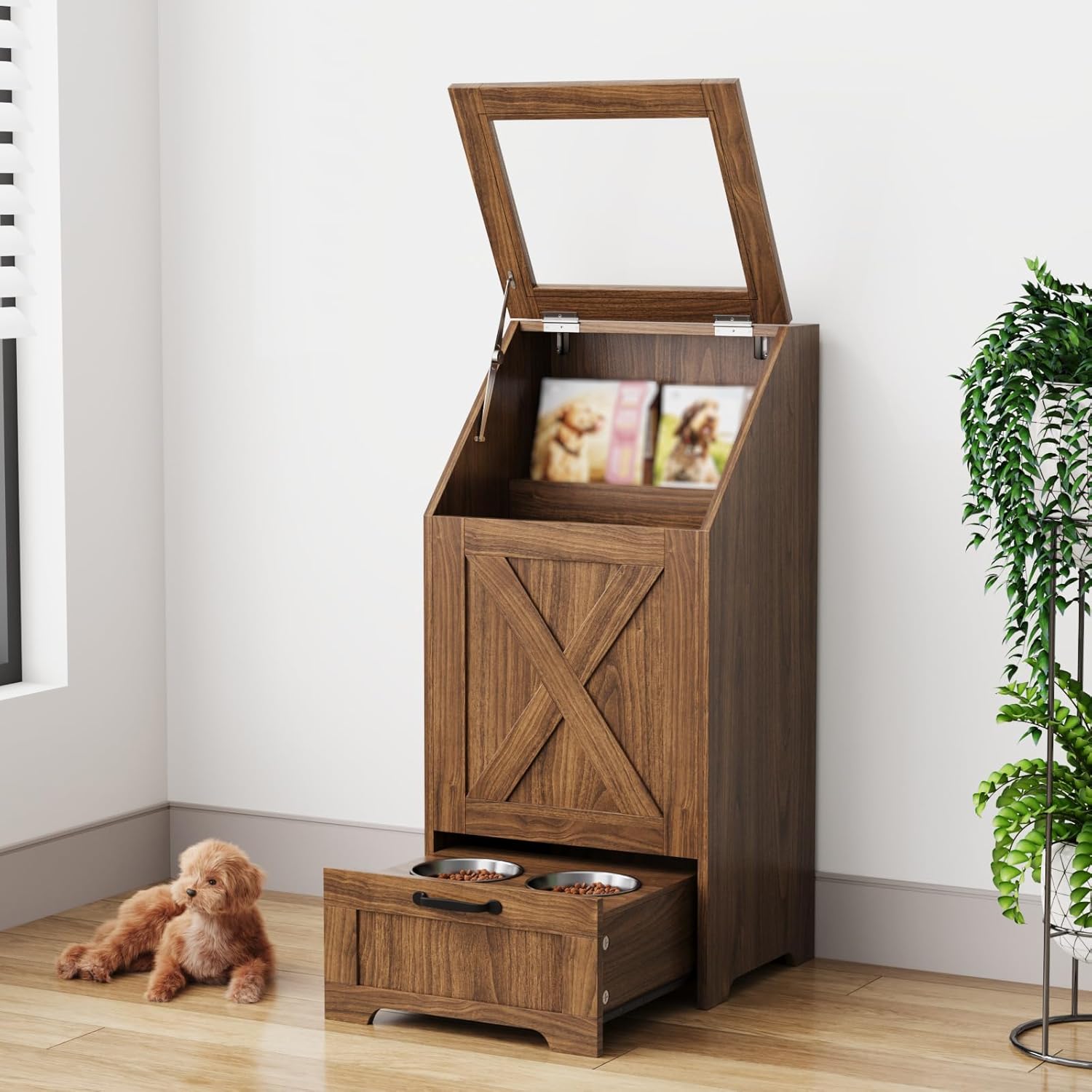 Dog Feeding Station with Storage,Wooden Pet Food Storage Cabinet,Equipped with 2 High Footed Bowls and 3 Hooks,Top Glass Flip Cover,Anti Tipping Device (Dog Feeding Station-Walnut)