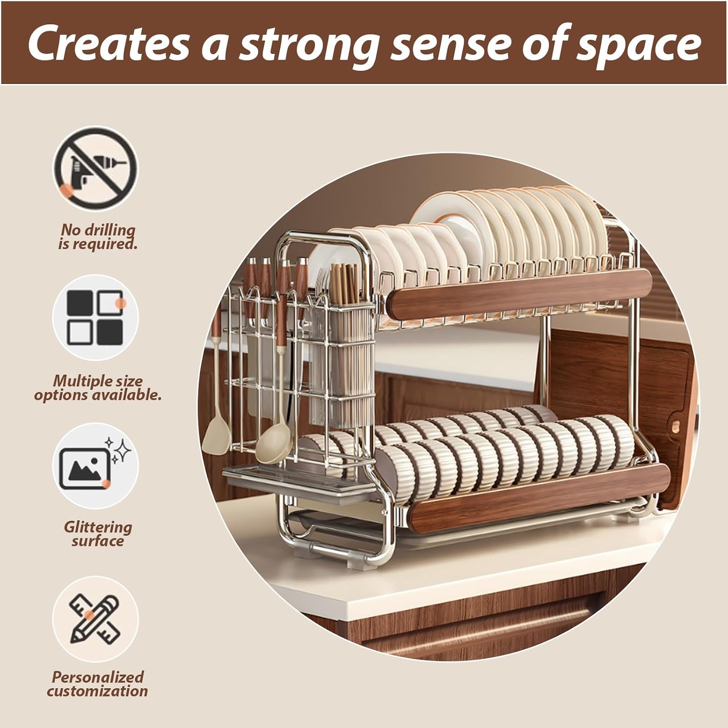 Large-Capacity,partitioned Stainless Steel Dish Rack with Thickened Pipes;Multi-Functional Kitchen Storage for Dishes,Bowls,and Chopsticks;Includes a drip Tray(Triple Layer)