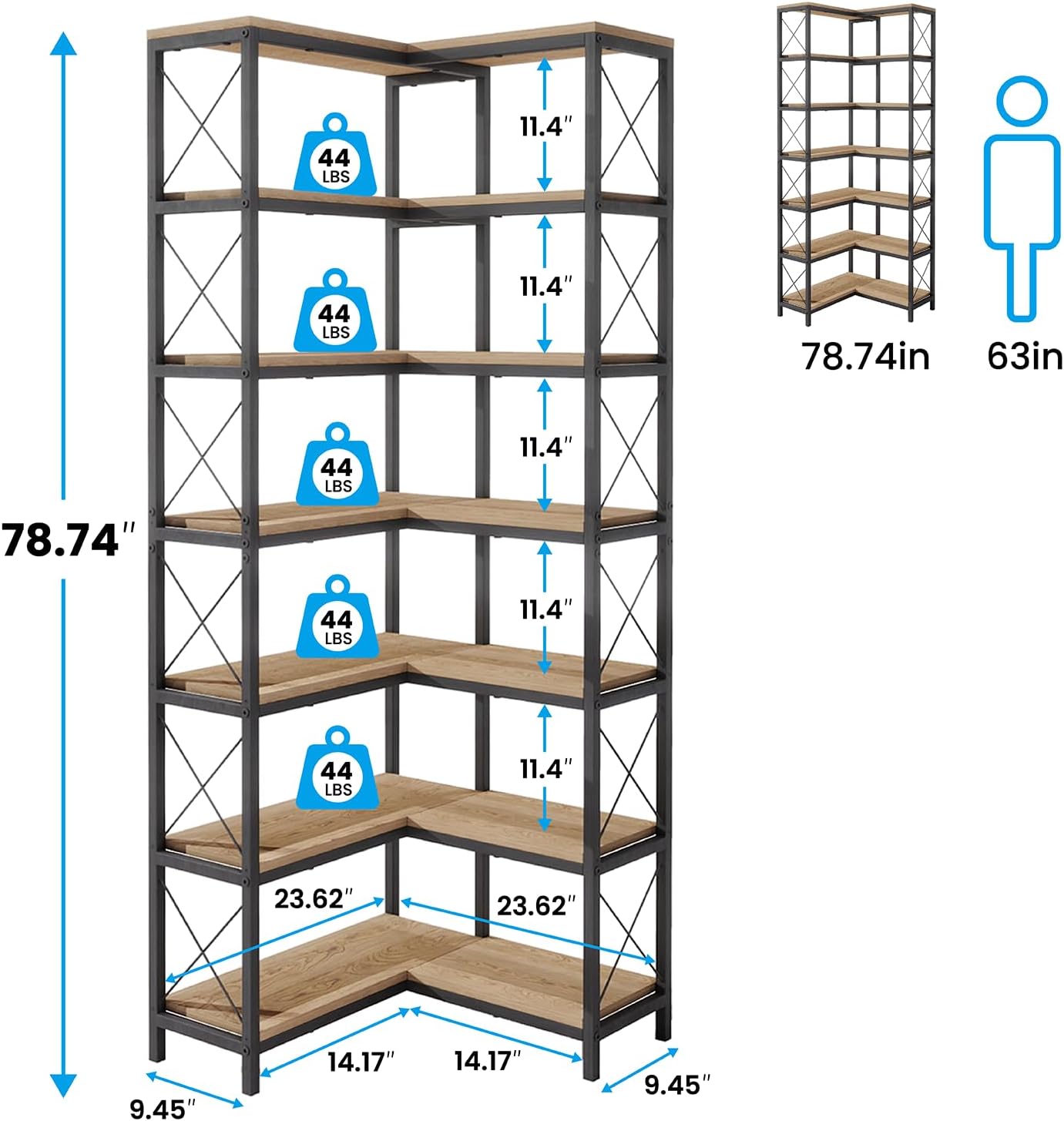 7 Tier Corner Bookshelf with LED Lights, 78.7' High Corner Shelf Storage for Living Room, Study Room, Metal Frame Extra Large Capacity, Flamed Color