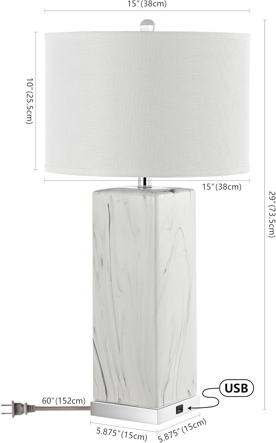 SAFAVIEH Lighting Collection Olympia Black/White 29-inch Table Lamp Set of 2 with USB Charging Port (LED Bulbs Included)