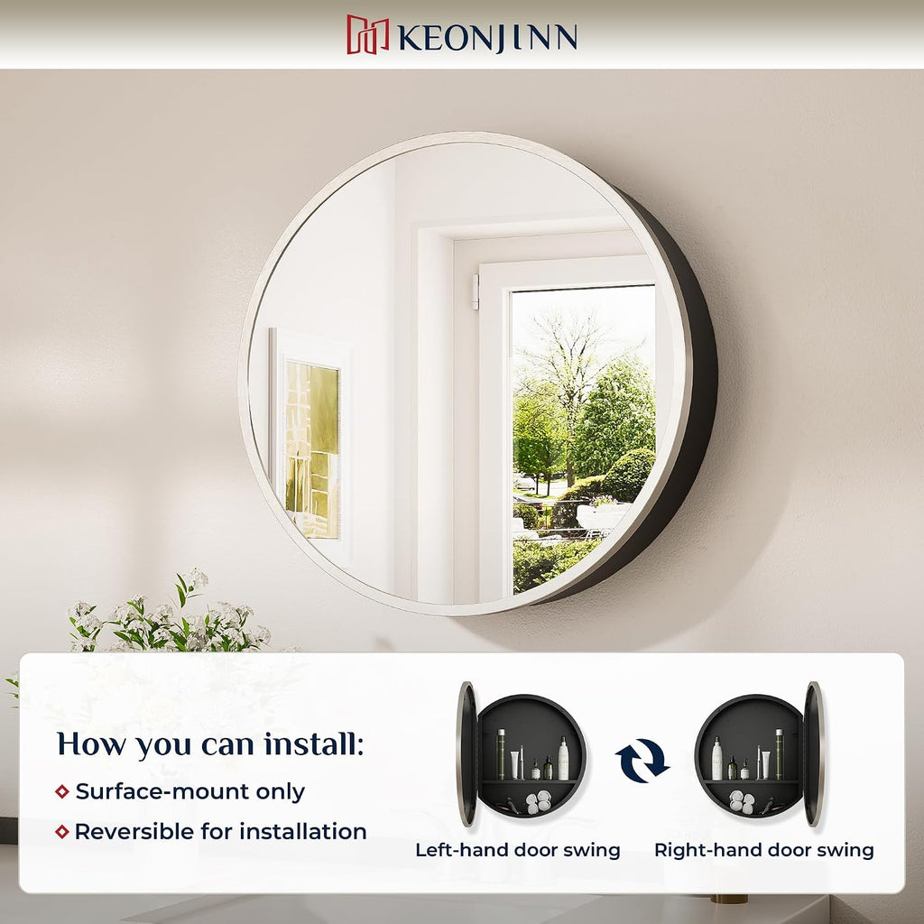 Keonjinn 28 x 28 in Round Medicine Cabinets for Bathroom, Brushed Nickel Surface Mount Medicine Cabinet, Circle Medicine Cabinet with Mirror, Adjustable Shelves Framed Bathroom Mirror with Storage