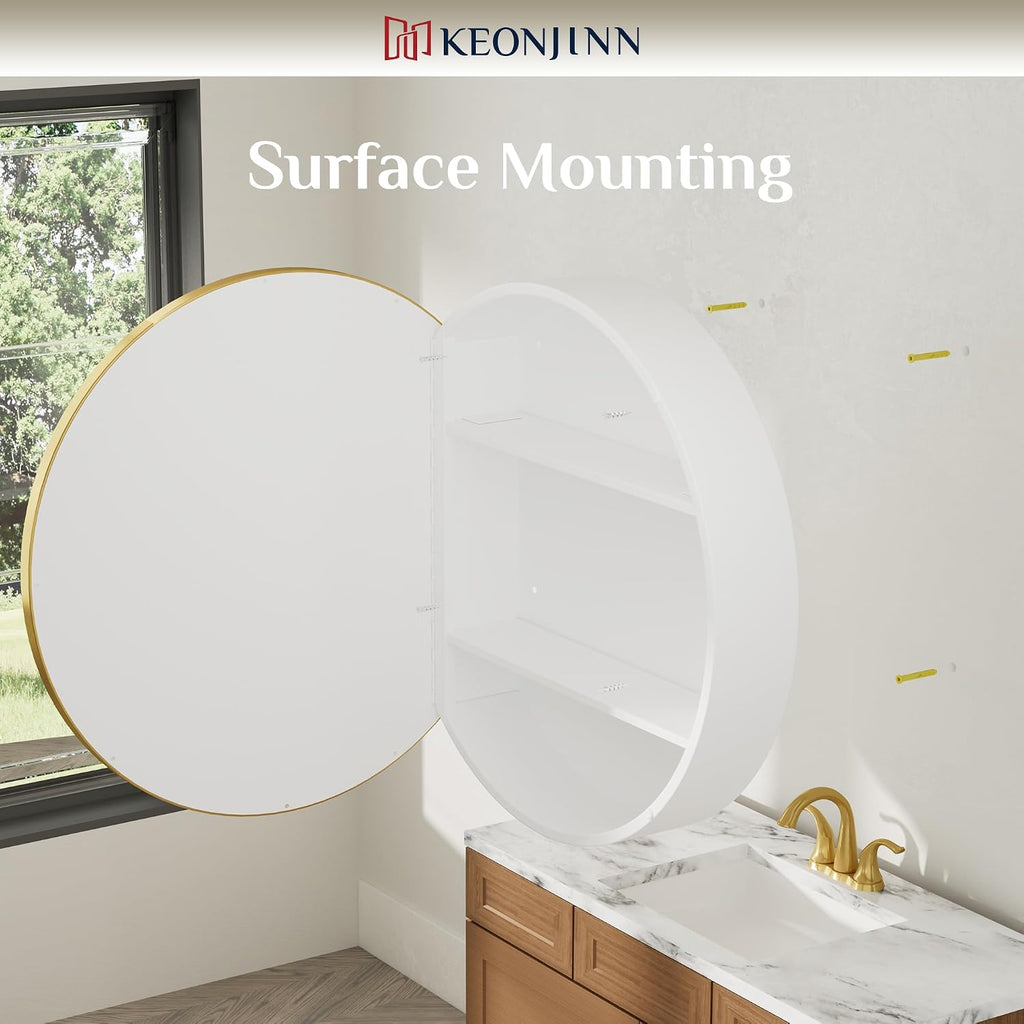 Keonjinn 20x20 Inch Round Gold Medicine Cabinet Mirror for Bathroom, Gold Surface Mount Medicine Cabinet with Mirror, Circular Framed Mirrored Medicine Cabinets, Modern Cabinet with Vanity Mirrors