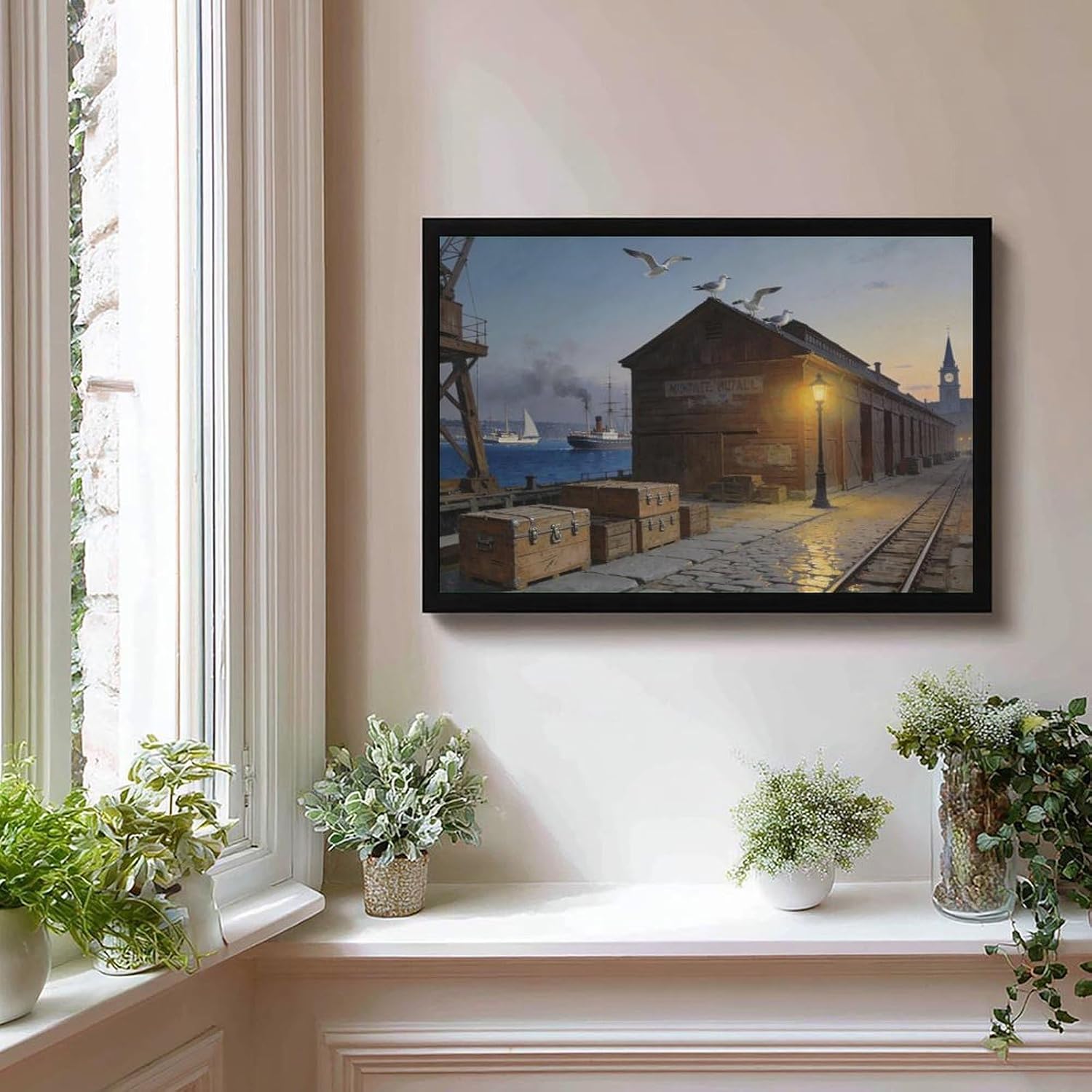 Coastal Harbor Pier Wall Art Canvas Print, Sunset Dock Seagulls Vintage Maritime Painting, Nautical Wall Decor for Living Room Office Bedroom 24x36in