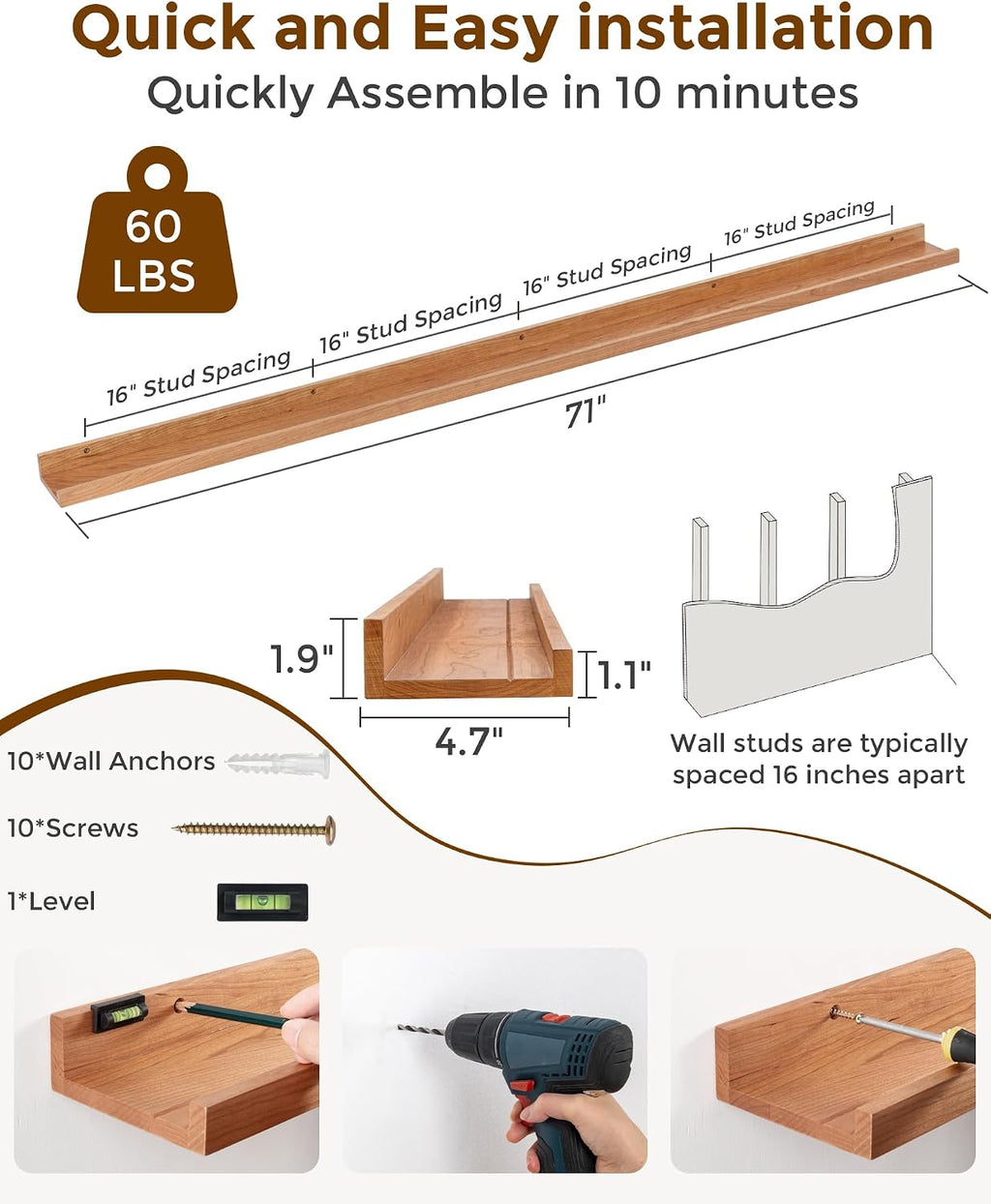Axeman Cherry Picture Ledge Shelf, 72 Inch Floating Shelves Set of 2, Solid Wood Wall Shelves with Lip, Wall Decor Storage for Bedroom Living Room Bathroom Kitchen Nursery Photo, Natural Cherry