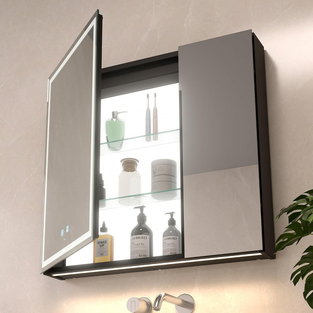 KWW LED Lighted Bathroom Medicine Cabinet with Backlit Panel, Sockets & USBs. Anti-Fog, Dimmable, 3 Color Light Makeup Mirror, Easy to Install, Wall Mounted (Inner Glow-2 door-30 * 28)