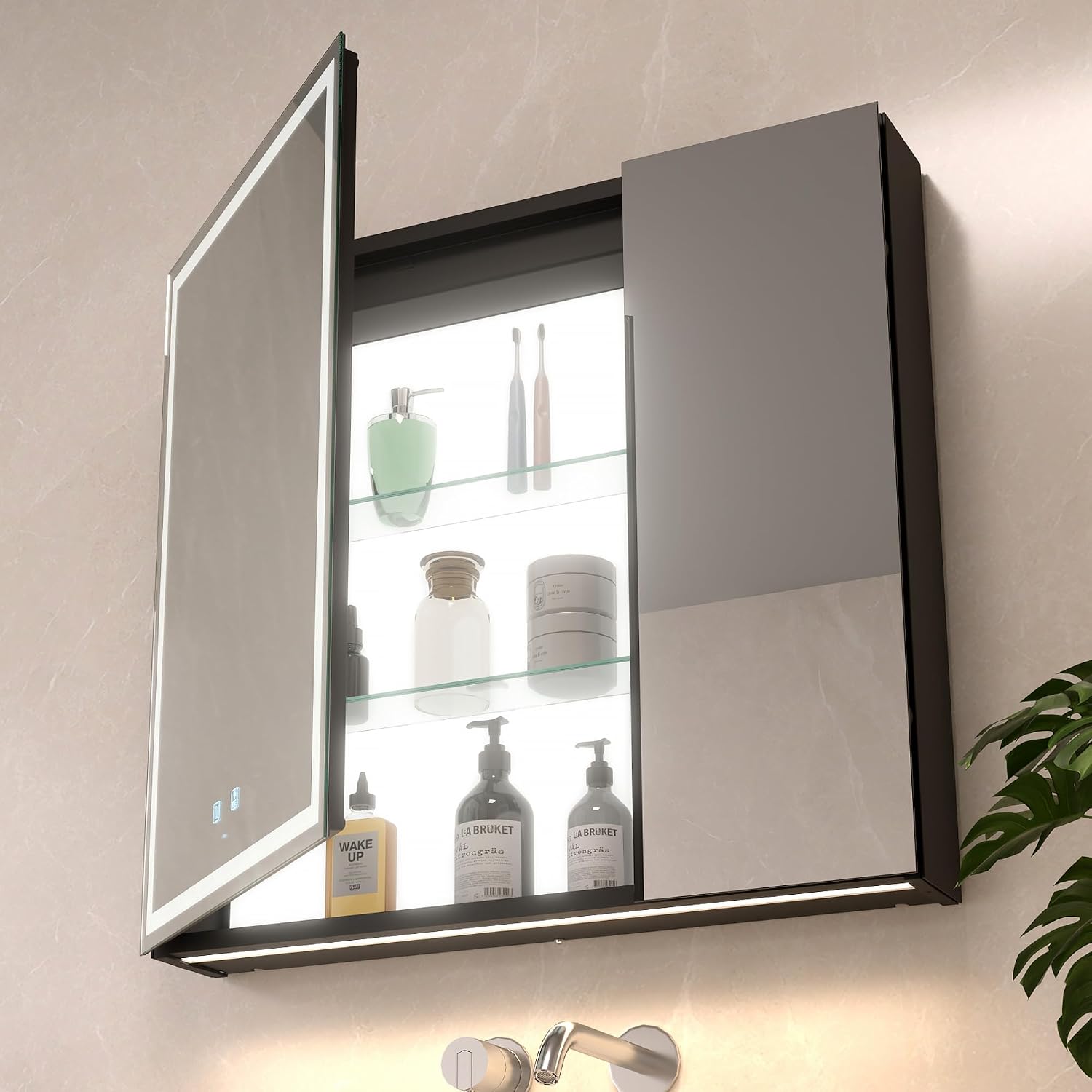 KWW LED Lighted Bathroom Medicine Cabinet with Backlit Panel, Sockets & USBs. Anti-Fog, Dimmable, 3 Color Light Makeup Mirror, Easy to Install, Wall Mounted (Inner Glow-2 door-30 * 28)