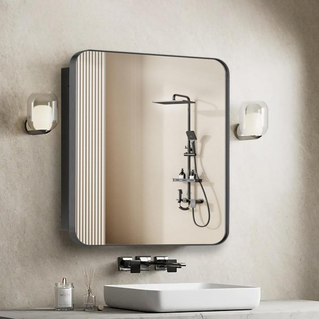 20' x 20' Bathroom Medicine Cabinet, Recessed or Surface Mount Square Mirror Cabinet with Stainless Steel Frame,Adjustable Metal Shelves, Wall Mounted Vanity Mirror with Bathroom Storage