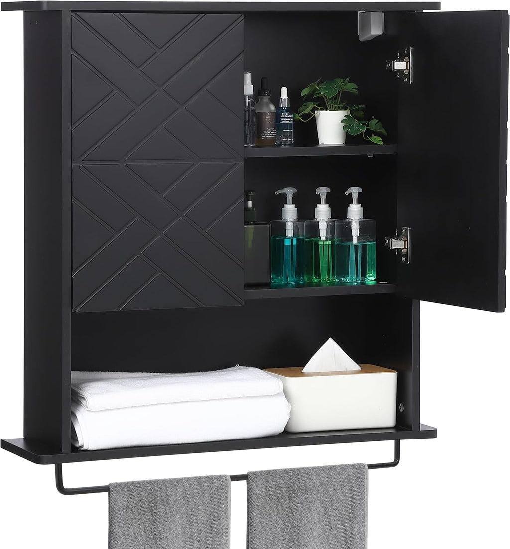 GAOMON Medicine Cabinet with Two Door, Wood Wall Mounted Bathroom Storage Cabinet with Adjustable Shelf and Towel Bar, 2-Tier Cabinet for Bathroom Living Room Laundry Room Kitchen, Black