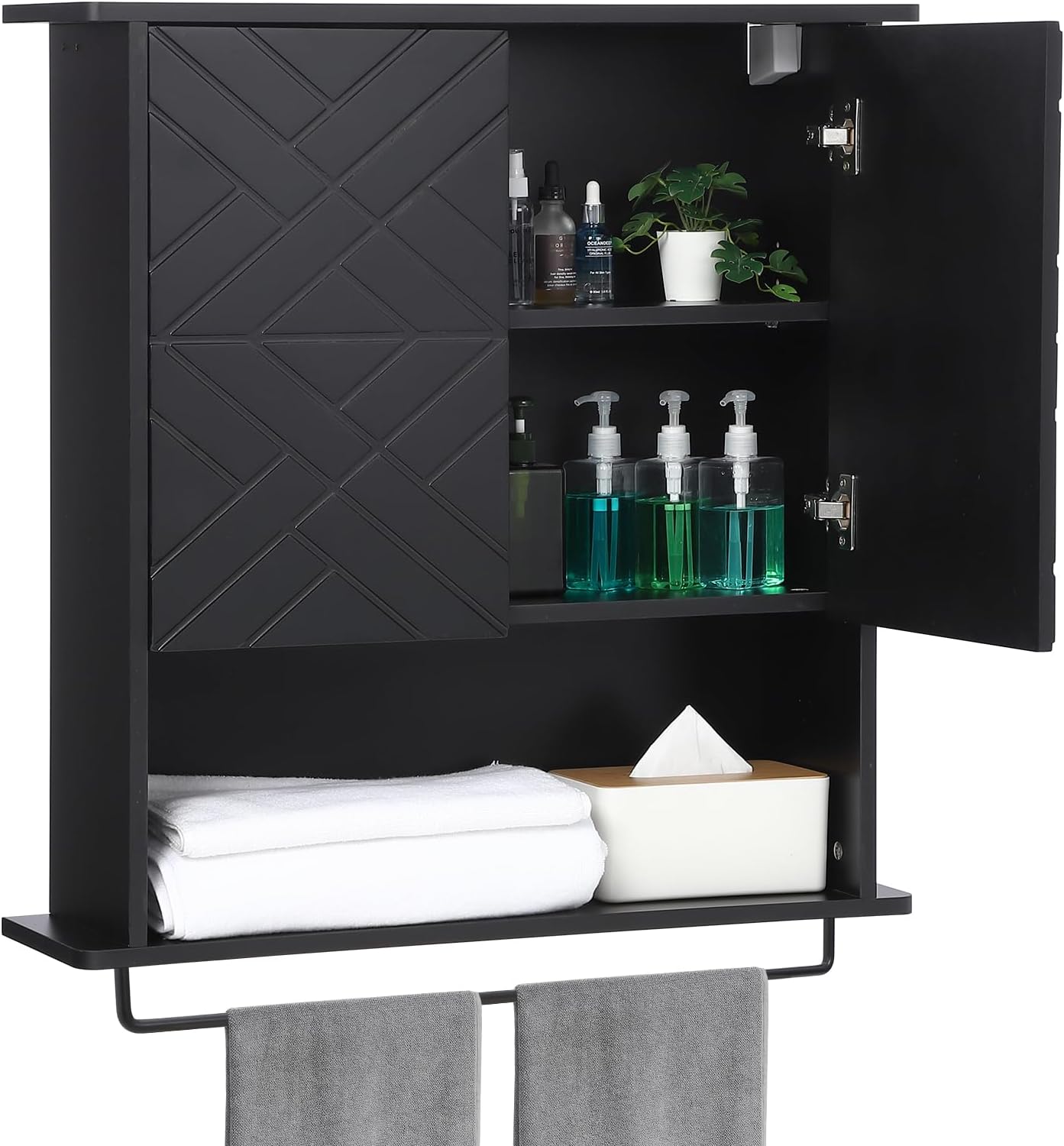 GAOMON Medicine Cabinet with Two Door, Wood Wall Mounted Bathroom Storage Cabinet with Adjustable Shelf and Towel Bar, 2-Tier Cabinet for Bathroom Living Room Laundry Room Kitchen, Black
