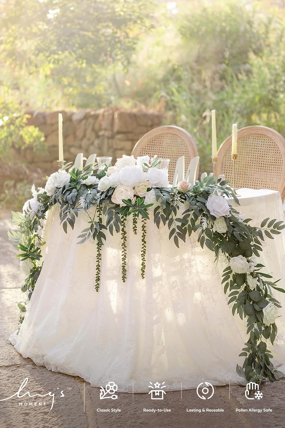 Ling's moment 9FT Spring Flower Garland for Backdrop Decorations - Wedding Arch Flowers, Eucalyptus & Rose, Artificial Floral Garland for Mantel - Sweetheart Table Decor for Reception, White & Sage