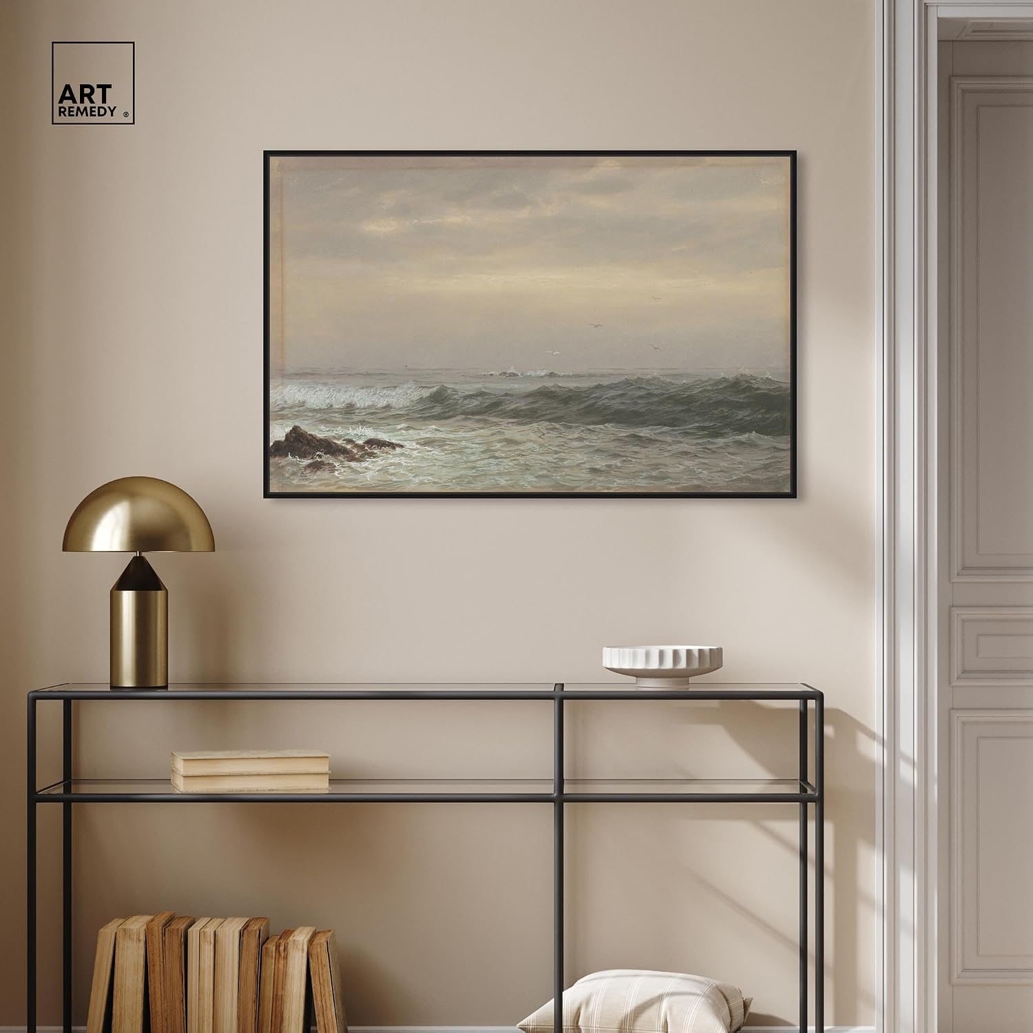 Art Remedy Rocks and Breaking Waves Canvas Coastal Classic Art, Black Frame, 36' x 24'