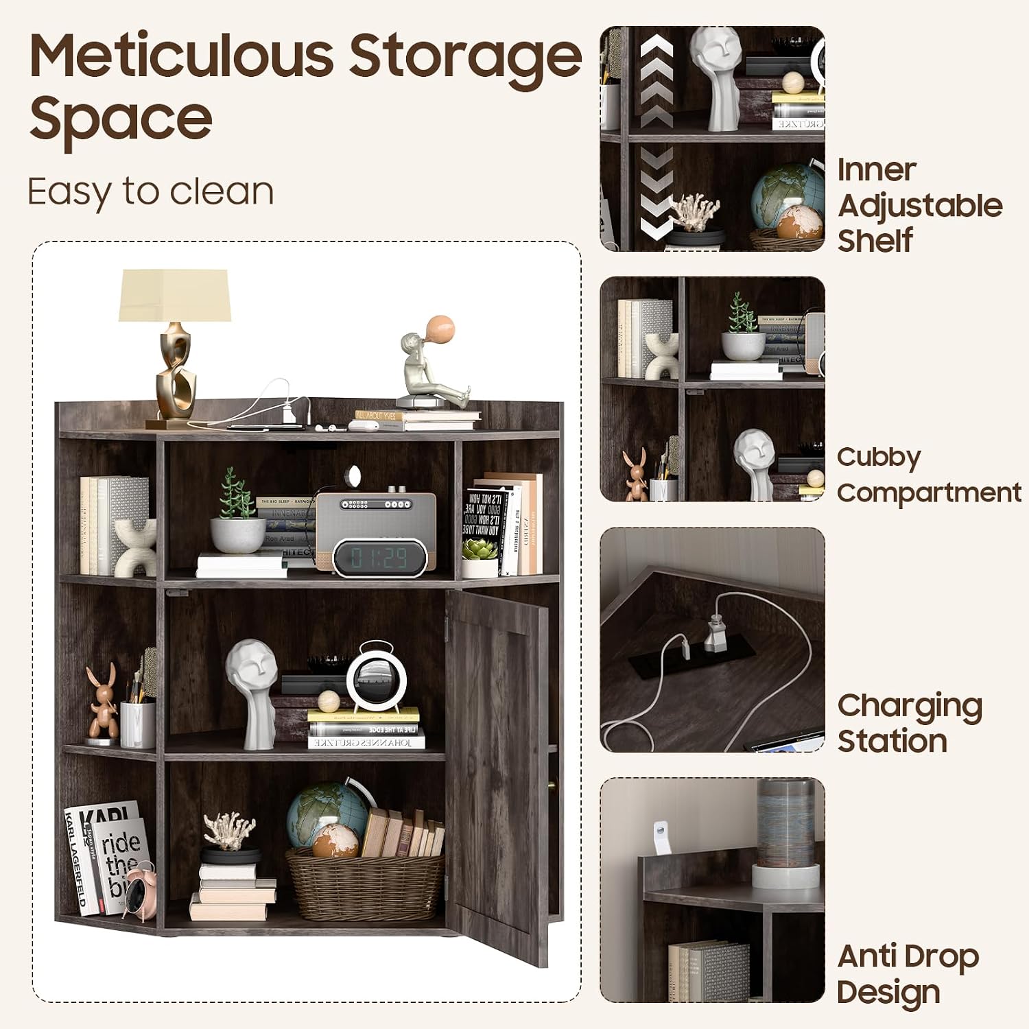 Halitaa Corner Storage Cabinet, Farmhouse Corner Bookshelf with Storage 6-Cubby Wooden Cabinet with USB Ports and Outlets Industrial Organizer for Small Space, Study, Playroom, Living Room