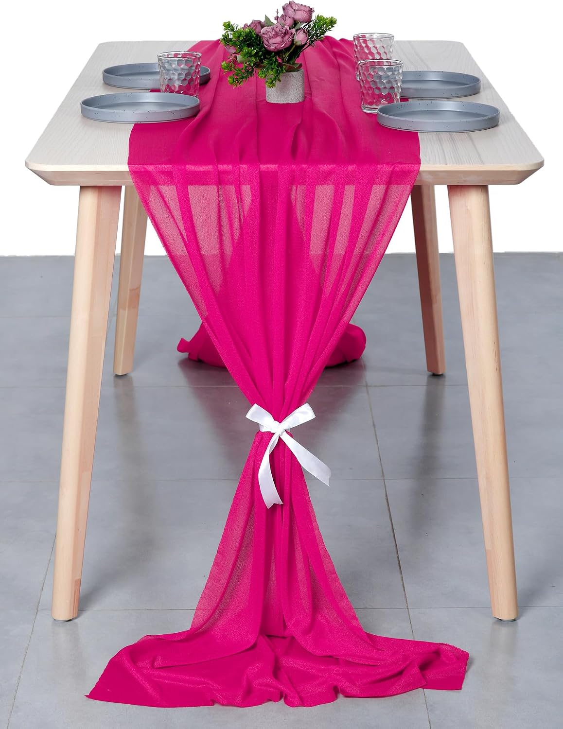 VDS 14ft Chiffon Table Runner 29x170 Inches Shimmer Sheer Centerpiece Cloth for Wedding Bridal Shower Birthday Graduation Engagement Ceremony Event Party Banquet Table Decoration (20 PC)(Hot Pink)