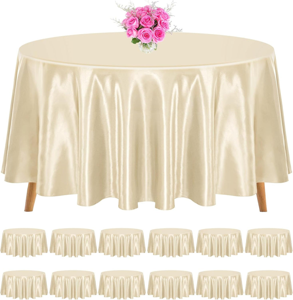 12 Pack 120 Inch Round Tablecloth, Champagne Satin Fabric Table Cloth for Round Table, Wrinkle Resistant Washable Table Cover Bright Silk Table Clothes for Wedding Party Dining Table Banquet