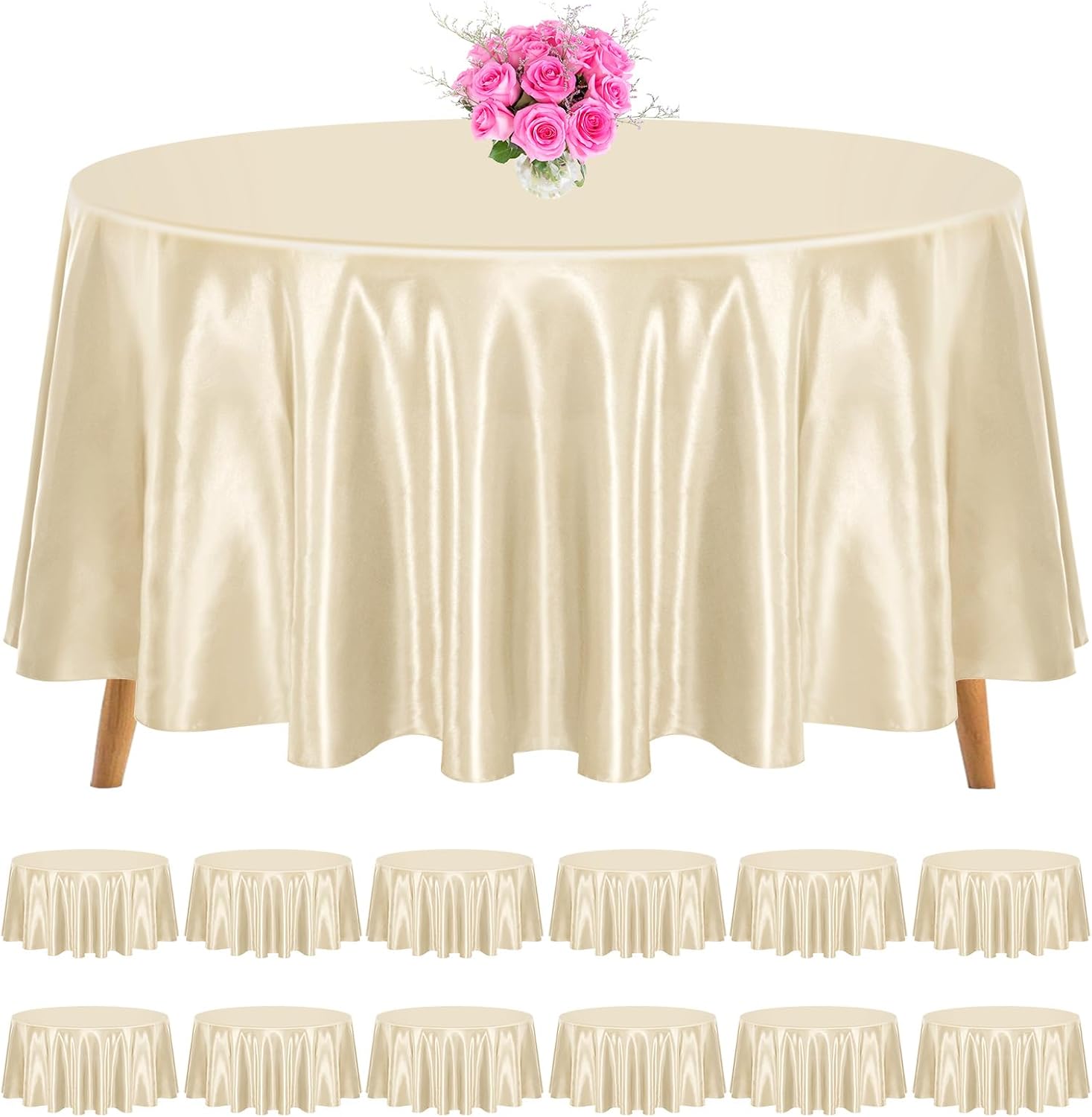 12 Pack 120 Inch Round Tablecloth, Champagne Satin Fabric Table Cloth for Round Table, Wrinkle Resistant Washable Table Cover Bright Silk Table Clothes for Wedding Party Dining Table Banquet