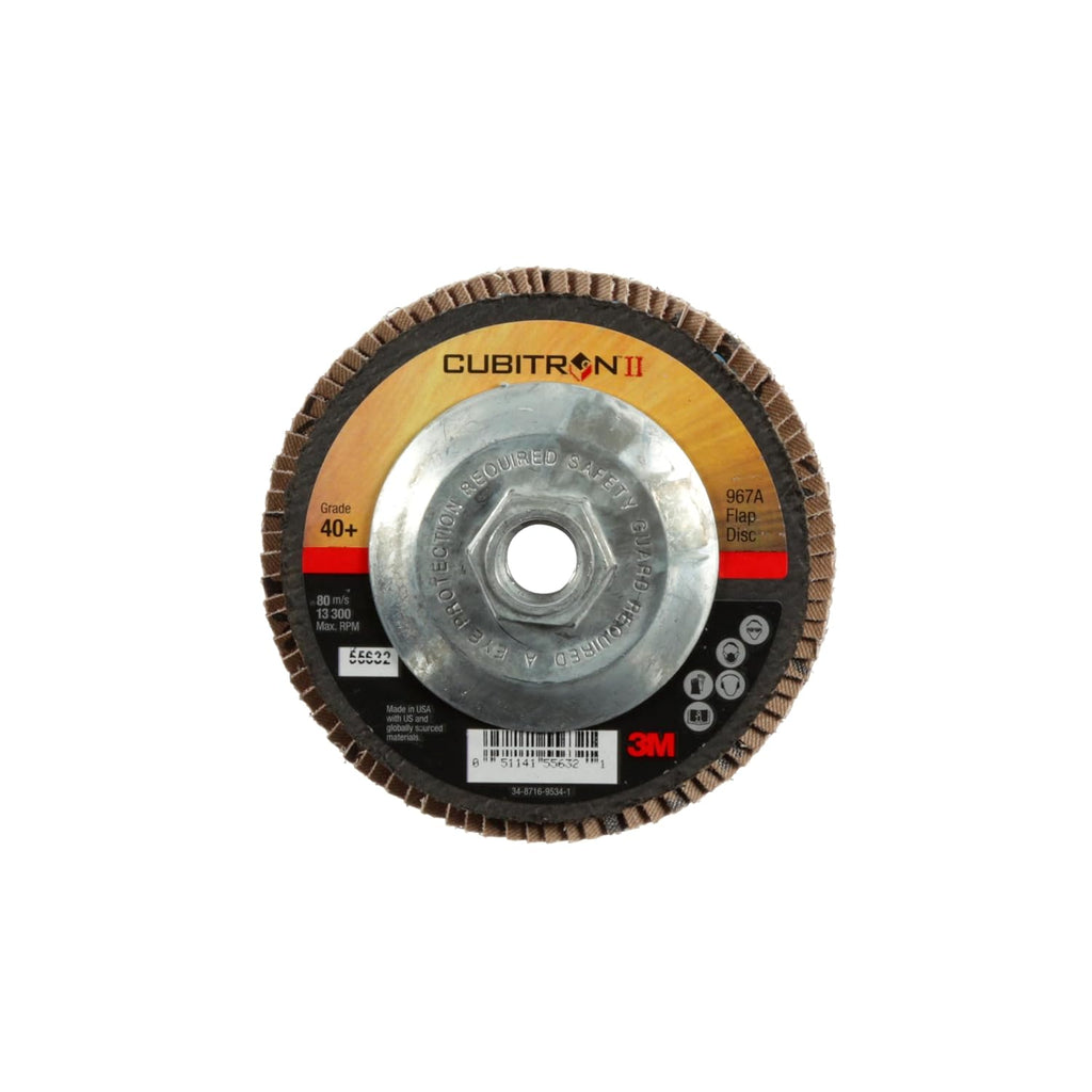 3M Cubitron II Flap Disc 967A, 40+, T27 Quick Change, 4-1/2 in x 5/8'-11, Giant, Pack of 10, Medium Pressure Applications, Light Deburring, Scale Removal, Oxide Removal, Surface Prep