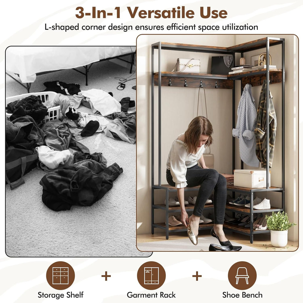 Tangkula Corner Hall Tree, 70 Inch Coat Rack with Bench and Shoe Storage, Entryway Furniture with 7 Hooks, Heavy Duty Metal Frame, Space Saving Clothes Rack Shoes Shelf Organizer (Rustic Brown)