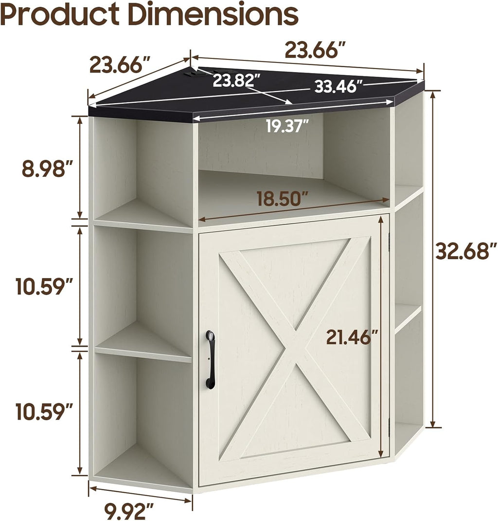 Halitaa Corner Storage Cabinet, Farmhouse Corner Bookshelf with Storage 6-Cubby Wooden Cabinet with USB Ports and Outlets Industrial Organizer for Small Space, Study, Playroom, Rustic White and Black