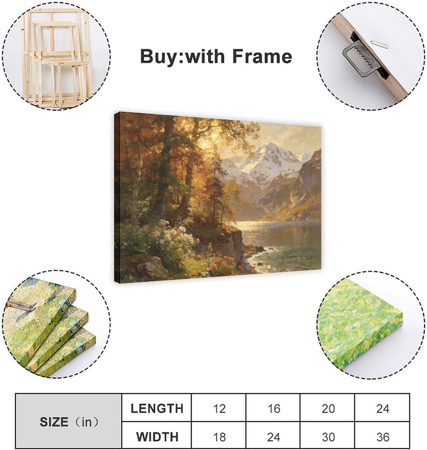 Autumn Mountain Lake Wall Art Print, Golden Forest And Snowy Peaks Landscape Painting, Scenic Nature Poster for Living Room Bedroom Decor 24x36inch(60x90cm)