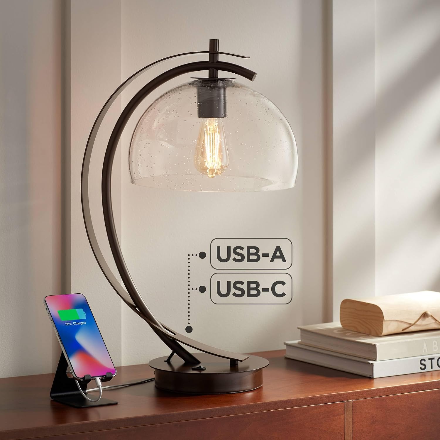 Possini Euro Design Calvin 22.5' High Modern Vintage Accent Table Lamp with USB Ports A+C Charging Filament LED Bronze Metal Glass Dome Shade - Living Room Desk Bedroom House Bedside Nightstand Home