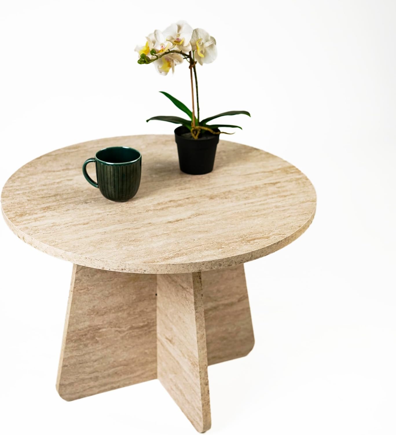 Travertine Efect 22.8 Inches Diameter Coffee Table Modern Side Table for Living Room Accent Table for Sofa or Bedroom (22.8x22.8x16.5 inches)
