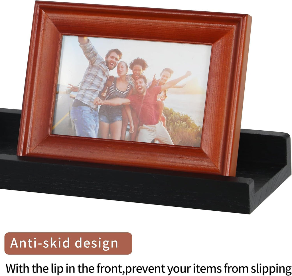 PHOENANCEE Long Floating Shelves for Wall 57 Inch,Real Wood Picture Ledge with Lip Set of 4,Photo Frame Storage Display for Living Room Nursery Bedroom Bathroom Kitchen Home Office Decor Rustic Black