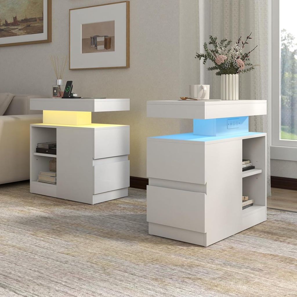 OC Orange-Casual LED End Table with Power Outlet, High Glossy Sofa Side Table, Small Nightstand with Drawer and Storage Cabinet, Narrow Side Table with Charging Station for Living Room (2, White)