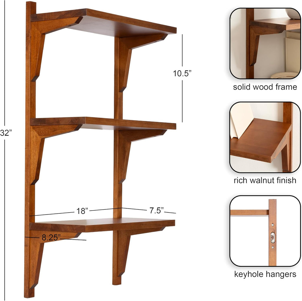 Kate and Laurel Meridien Modern Three-Tier Wooden Shelves, 18 x 9 x 32, Walnut Brown, Stunning Tiered Wall Shelf for Storage and Display as Cute Nursery Shelving or Over-the Toilet Storage