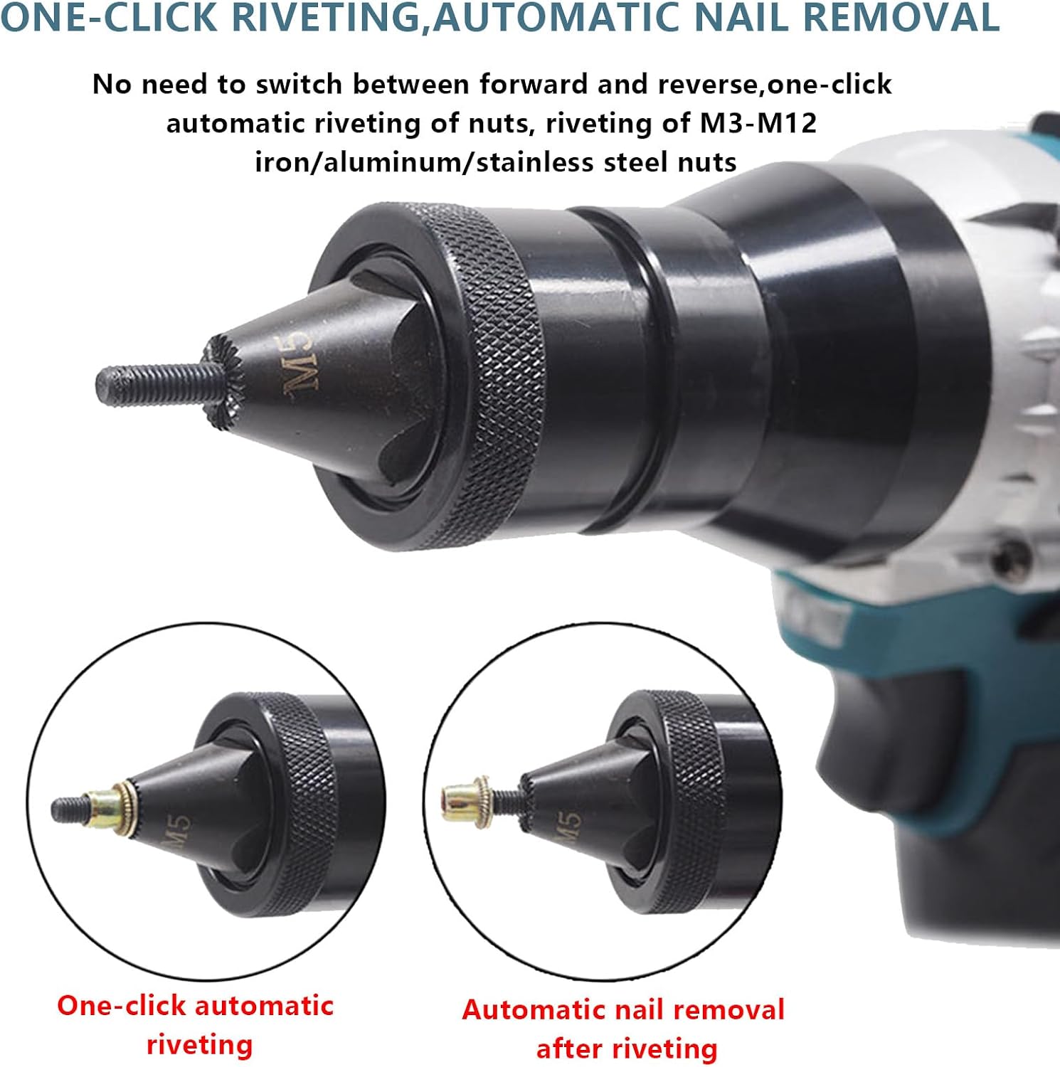 2-in-1 Cordless Rivet Nut Gun Set,Portable Automatic Rivet Gun with M3/M4/M5/M6/M8/M10/M12 Battery Powered Pop Rivet Insert Installation Tool,2Battery-2200mAh