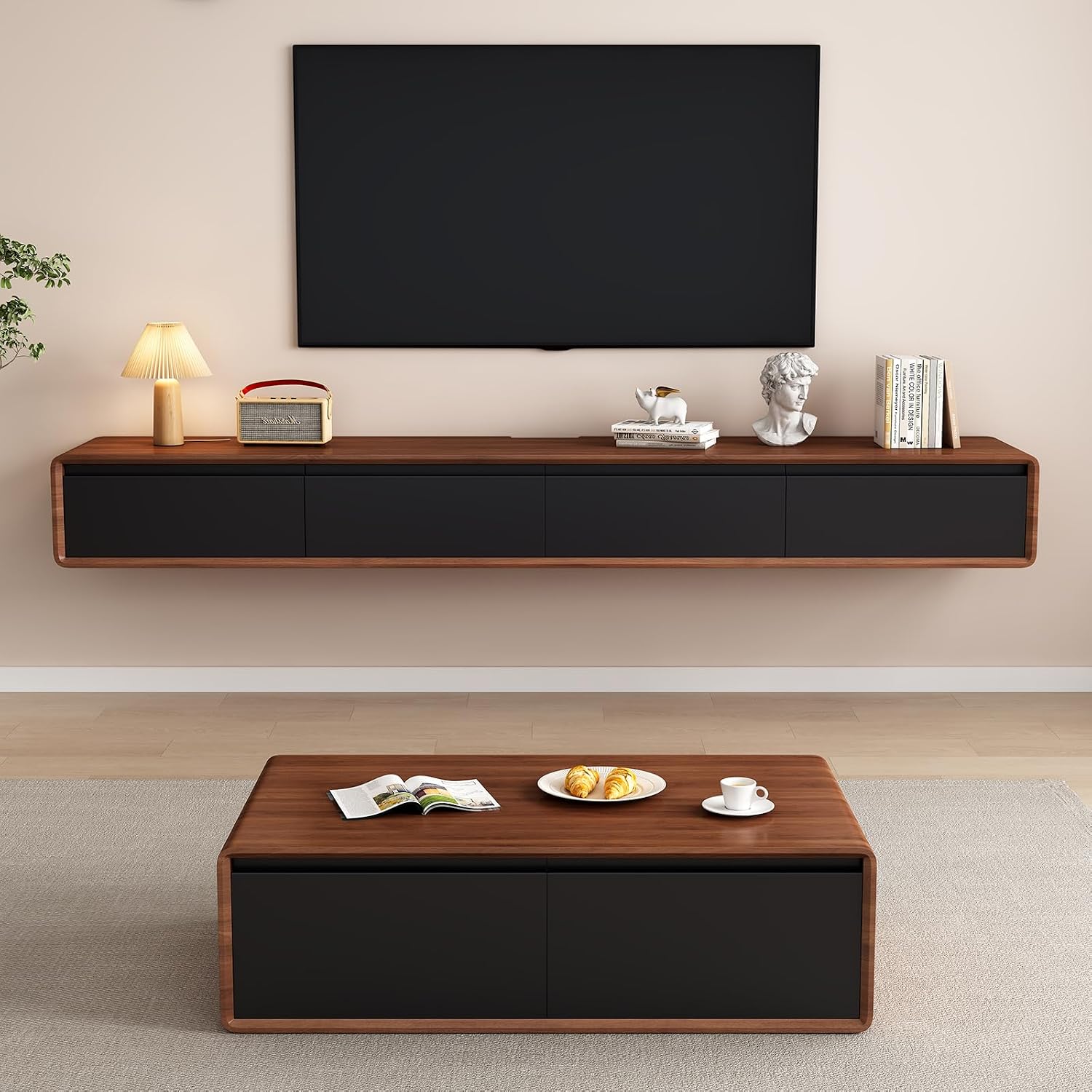 Floating TV Stand Large Floating TV Shelves Wall Mounted Multi Storage Compartment TV Media Console Floating TV Cabinet Bench Under TV Large Storage (Brown-Black, 63.0 * 7.9 * 9.4 in)