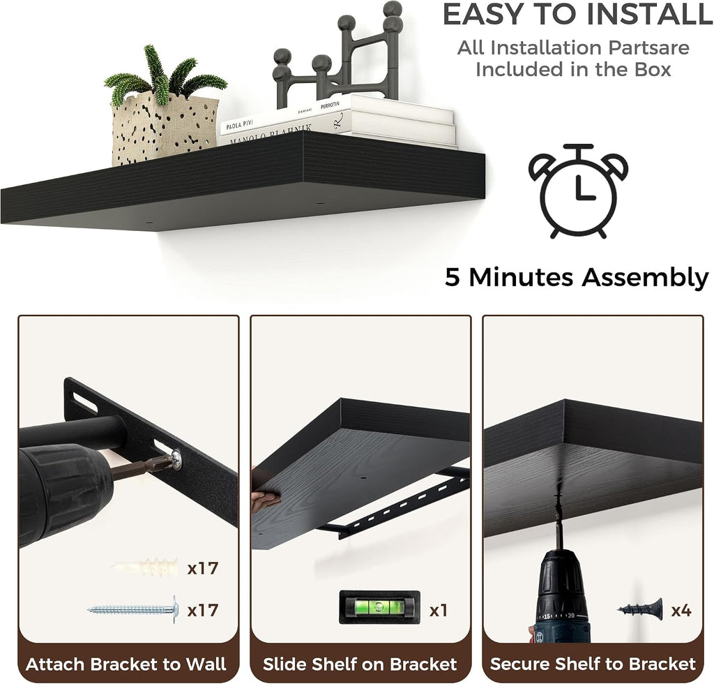 Venusmiles Floating Shelves for Wall, Engineered Wood Wall Shelves with Invisible Brackets for Living Room Bedroom Bathroom Office Kitchen Decor and Storage (Black, 72' W x 9' D x 1.5' H) Set of 1